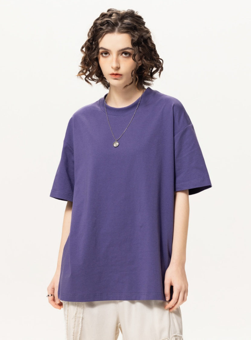 OLA FAN Purple vivid T-shirt front side view on female model – minimalist high street wear