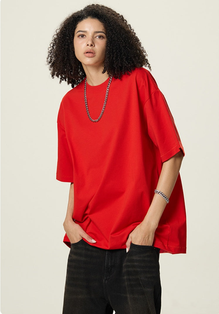 OLA FAN Red vivid T-shirt front side view on female model – minimalist high street wear