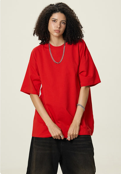 OLA FAN Red vivid T-shirt front side view on female model – minimalist high street wear