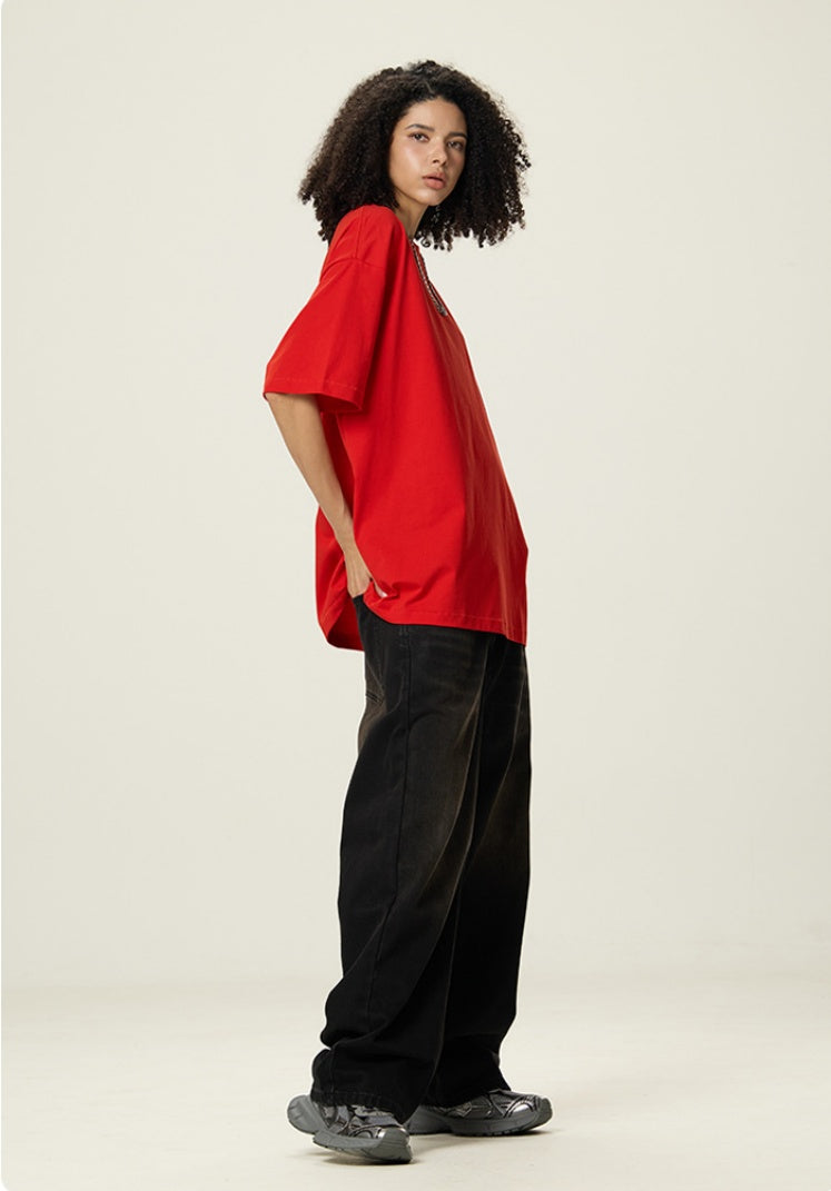 OLA FAN Red vivid T-shirt side view on female model – minimalist high street wear