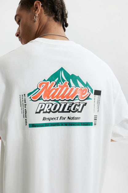 OLA FAN White Nature Protect T-shirt back side view on male model – minimalist 
