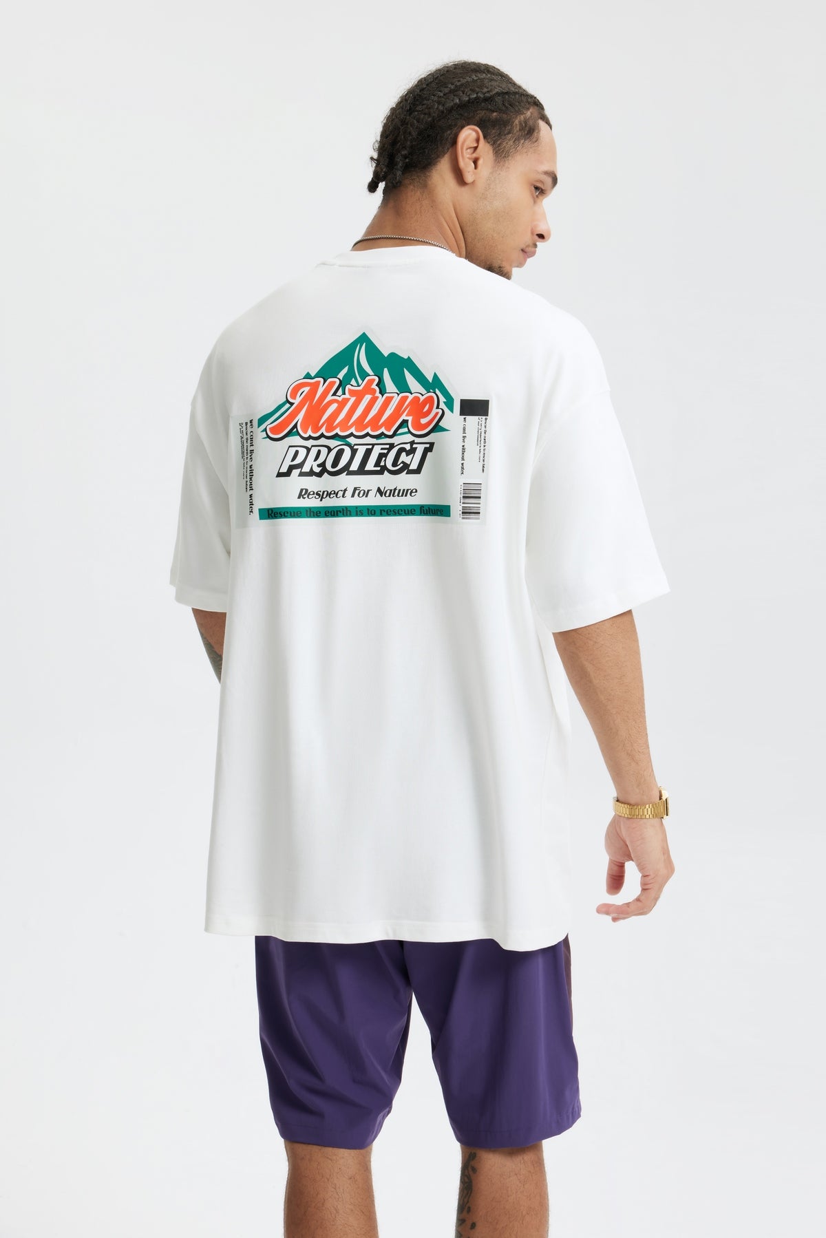 OLA FAN White Nature Protect T-shirt back side view on male model – minimalist high street wear