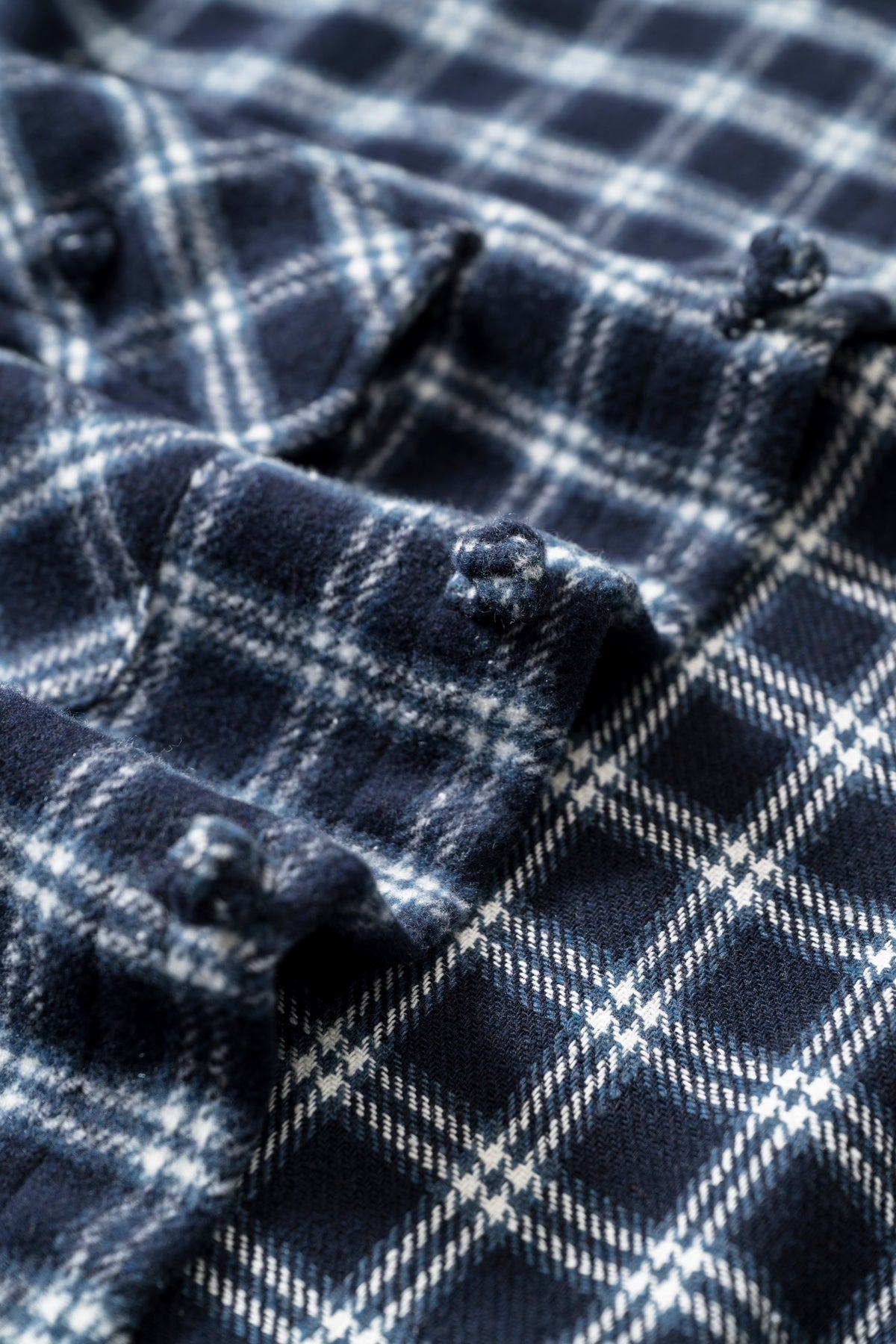 OLA FAN dark blue plaid shirt close-up buttons fabric texture – soft cotton material detail