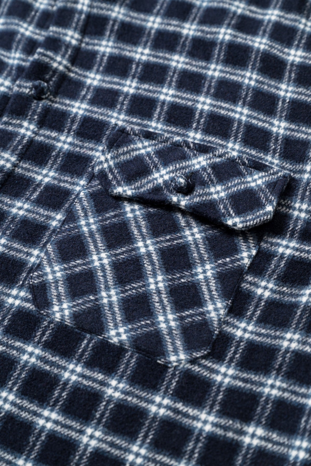 OLA FAN dark blue plaid shirt close-up pockets fabric texture – soft cotton material detail