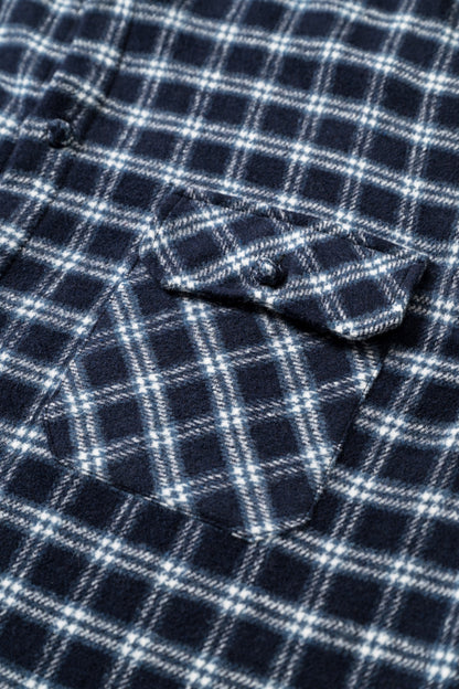 OLA FAN dark blue plaid shirt close-up pockets fabric texture – soft cotton material detail