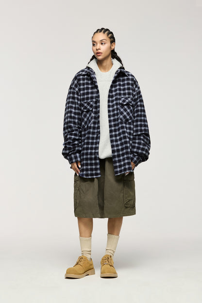 OLA FAN dark blue plaid shirt front full view with hoodieon female model – unisex oversized fashion
