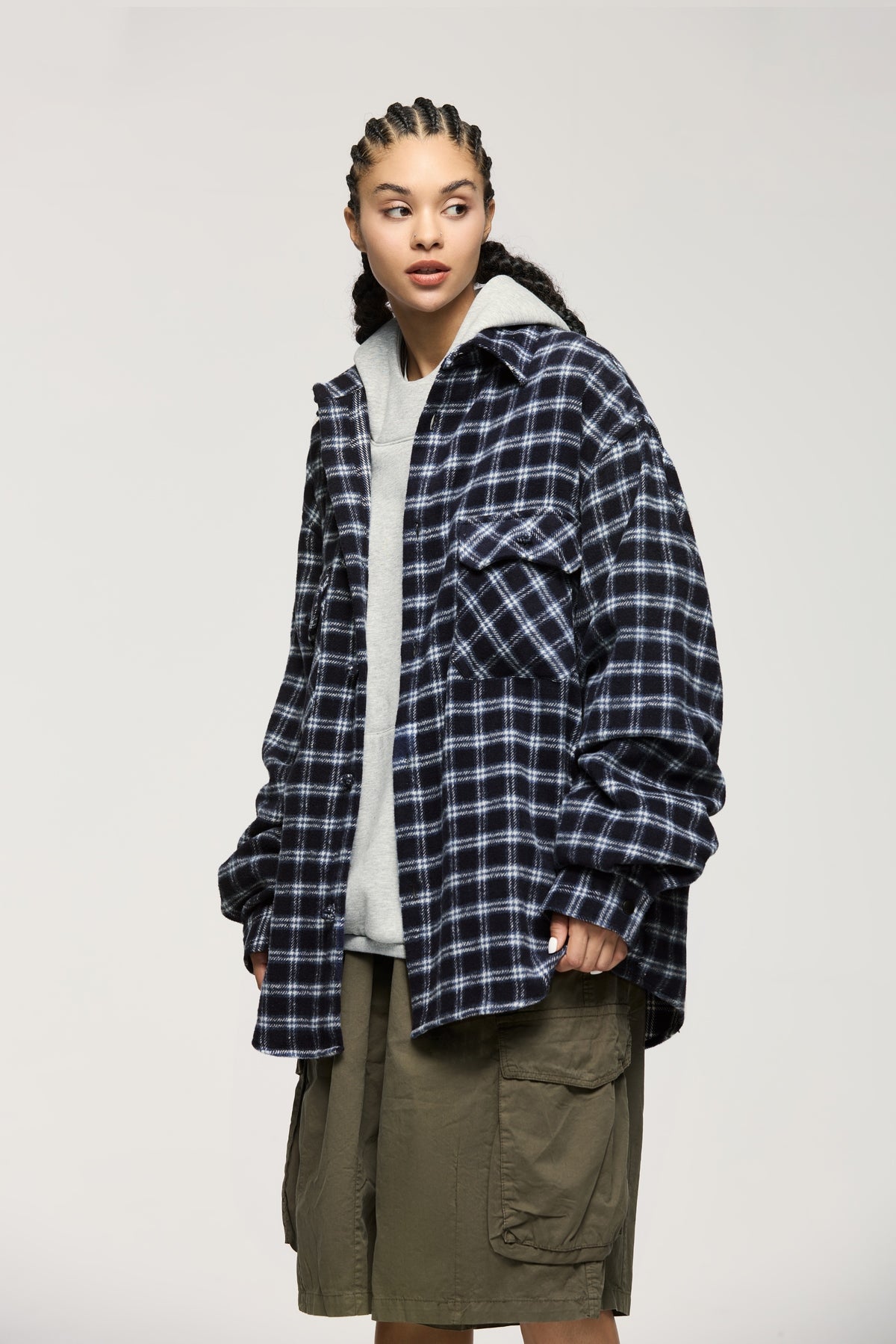 OLA FAN dark blue plaid shirt front full view on female model – oversized fashion