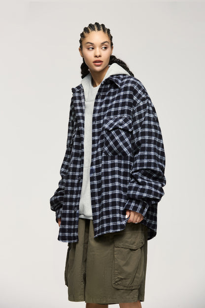 OLA FAN dark blue plaid shirt front full view on female model – oversized fashion