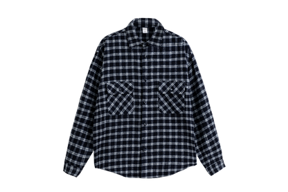 OLA FAN dark blue plaid shirt front full view – minimalist urban style