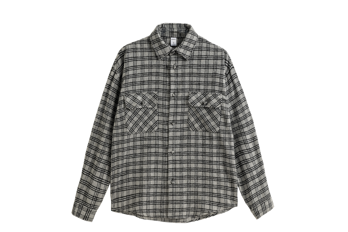 OLA FAN gray plaid shirt front full view – minimalist urban style