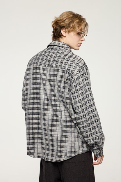 OLA FAN gray plaid shirt back half view on male model – minimalist high street wear