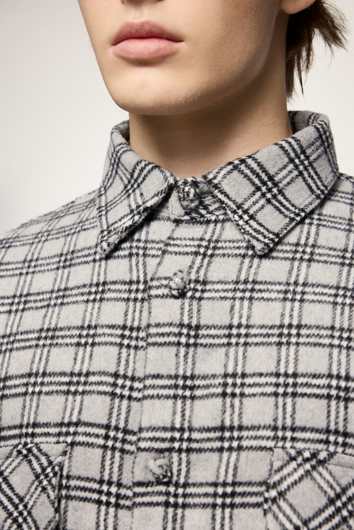OLA FAN gray plaid shirt front close shot view on male model – minimalist high street wear