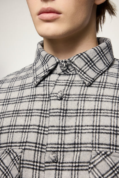 OLA FAN gray plaid shirt front close shot view on male model – minimalist high street wear