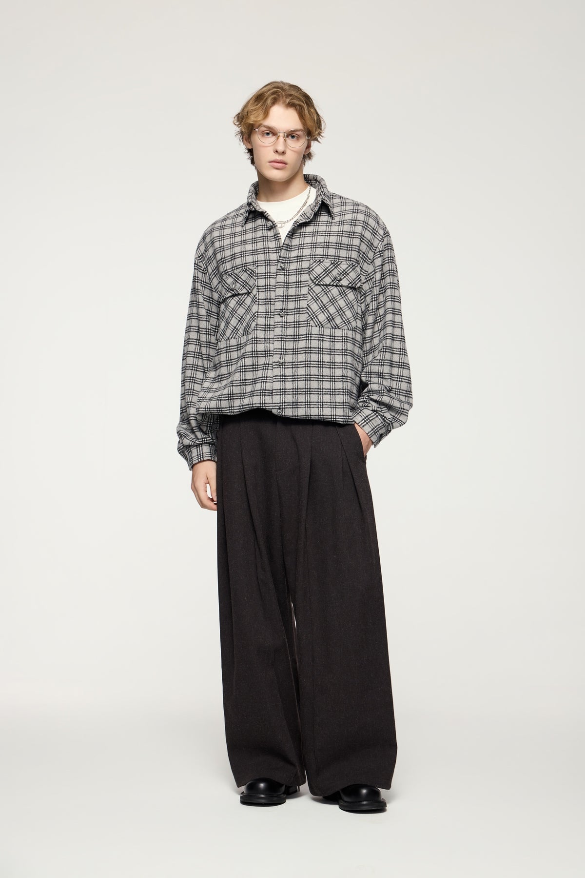 OLA FAN gray plaid shirt front full view on male model – unisex oversized streetwear
