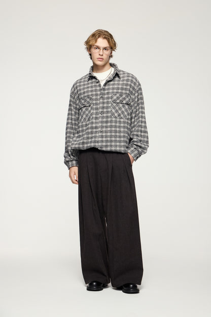 OLA FAN gray plaid shirt front full view on male model – unisex oversized streetwear