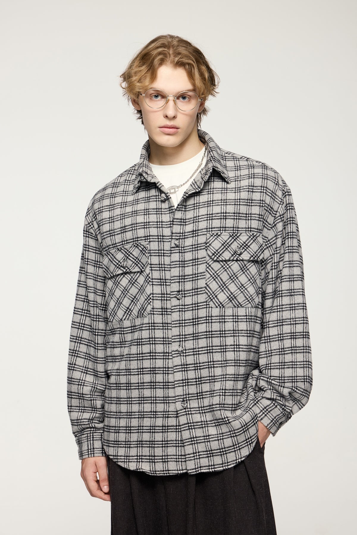 OLA FAN gray plaid shirt front side view on male model – minimalist high street wear