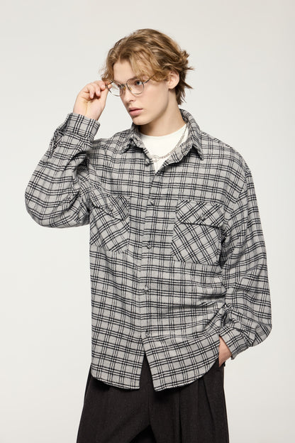 OLA FAN gray plaid shirt front side view on male model – minimalist high street wear