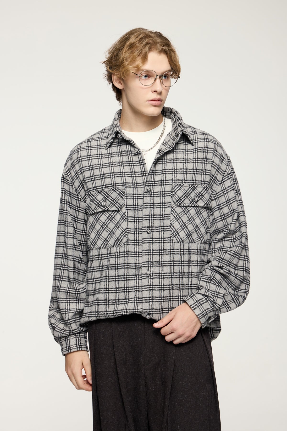 OLA FAN gray plaid shirt front side view on male model – minimalist high street wear