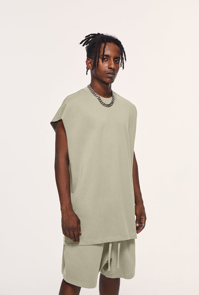 Front view of heavyweight unisex tank top by OLA FAN in beige