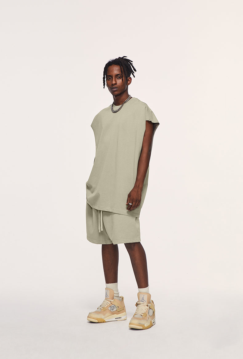 Front view of heavyweight unisex tank top by OLA FAN in beige