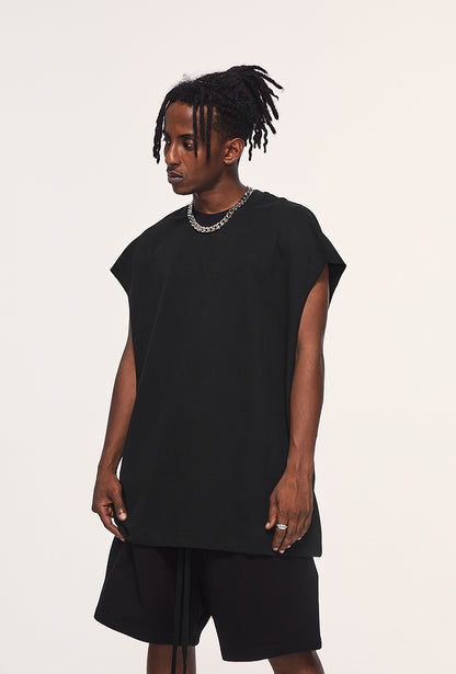 Front view of heavyweight unisex tank top by OLA FAN in black