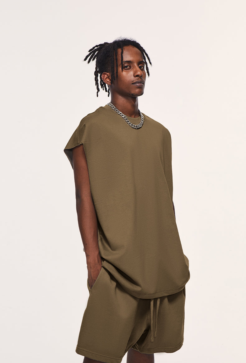 Front view of heavyweight unisex tank top by OLA FAN in grayish brown