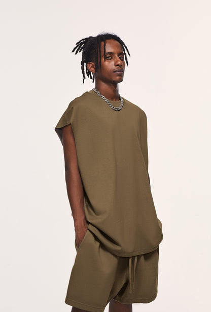 Front view of heavyweight unisex tank top by OLA FAN in grayish brown