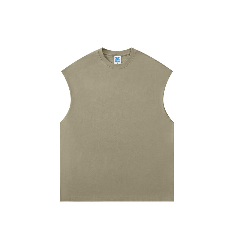 Front view of heavyweight unisex tank top by OLA FAN in grayish camel