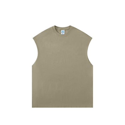 Front view of heavyweight unisex tank top by OLA FAN in grayish camel