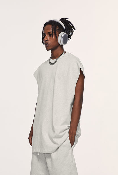 side view of heavyweight unisex tank top by OLA FAN in white