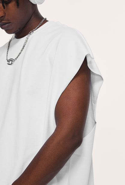 side view of heavyweight unisex tank top by OLA FAN in white