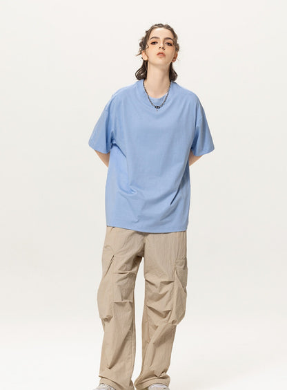 OLA FAN light blue vivid T-shirt front full view on female model – minimalist high street wear