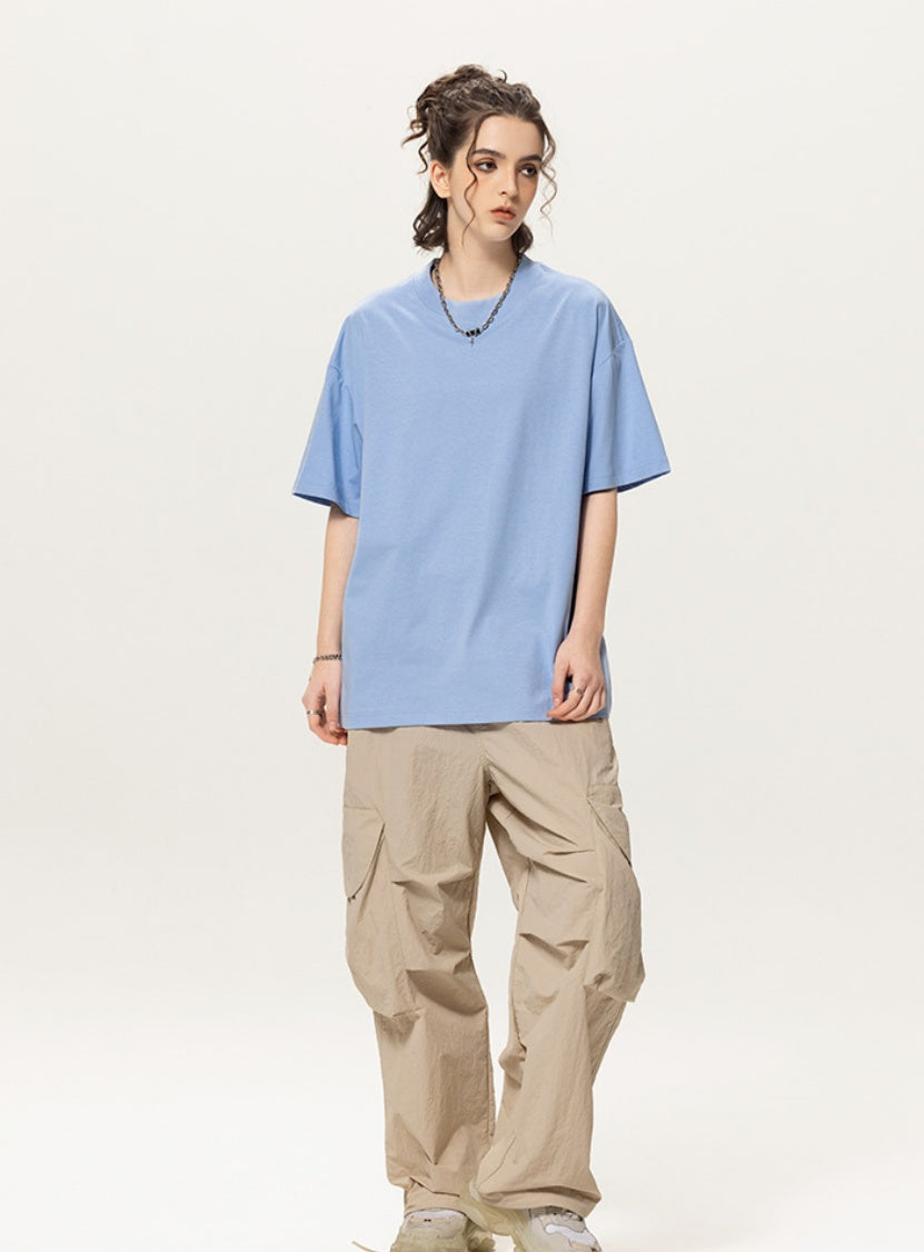 OLA FAN light blue vivid T-shirt front full view on female model – minimalist high street wear