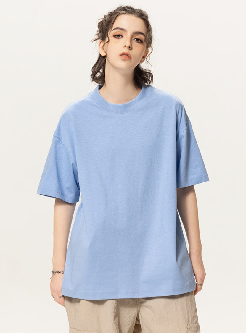 OLA FAN light blue vivid T-shirt front full view on female model – minimalist high street wear