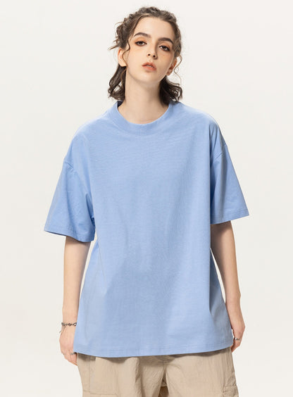 OLA FAN light blue vivid T-shirt front full view on female model – minimalist high street wear