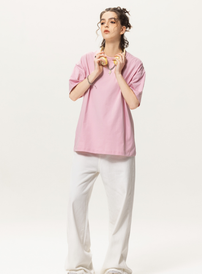 OLA FAN pink vivid T-shirt front full view on female model – minimalist high street wear