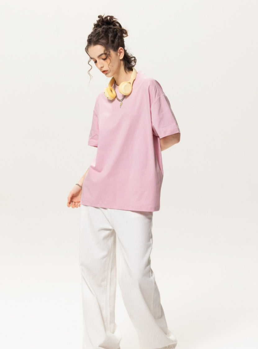 OLA FAN pink vivid T-shirt front full view on female model – minimalist high street wear