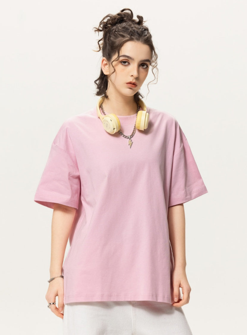 OLA FAN pink vivid tshirt front side view on female model – minimalist high street wear