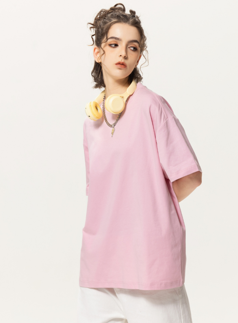 OLA FAN pink vivid T-shirt side view on female model – minimalist high street wear