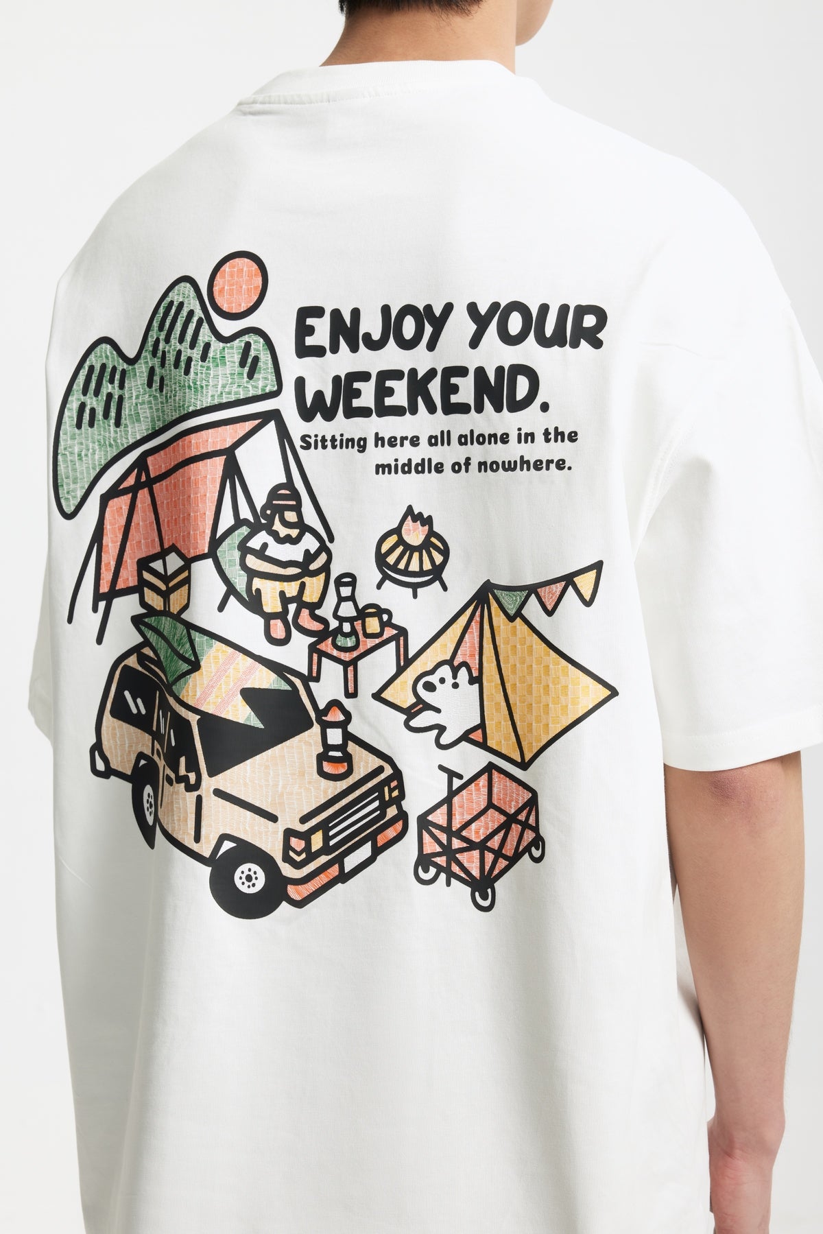 OLA FAN white camp T-shirt back side view on male model – minimalist high street wear