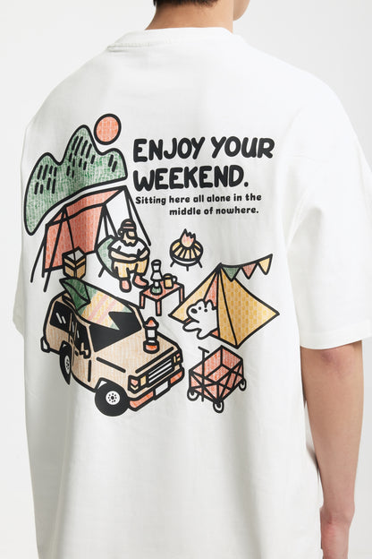 OLA FAN white camp T-shirt back side view on male model – minimalist high street wear