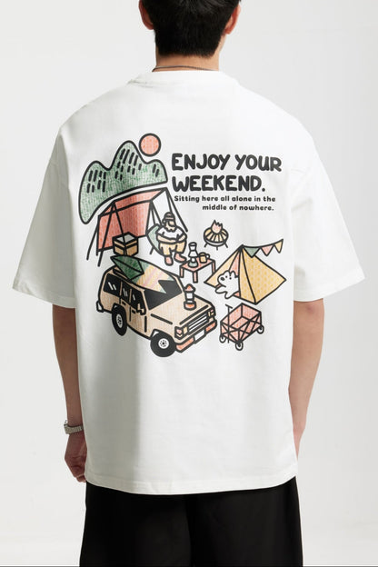 OLA FAN white camp T-shirt back side view on male model – minimalist high street wear