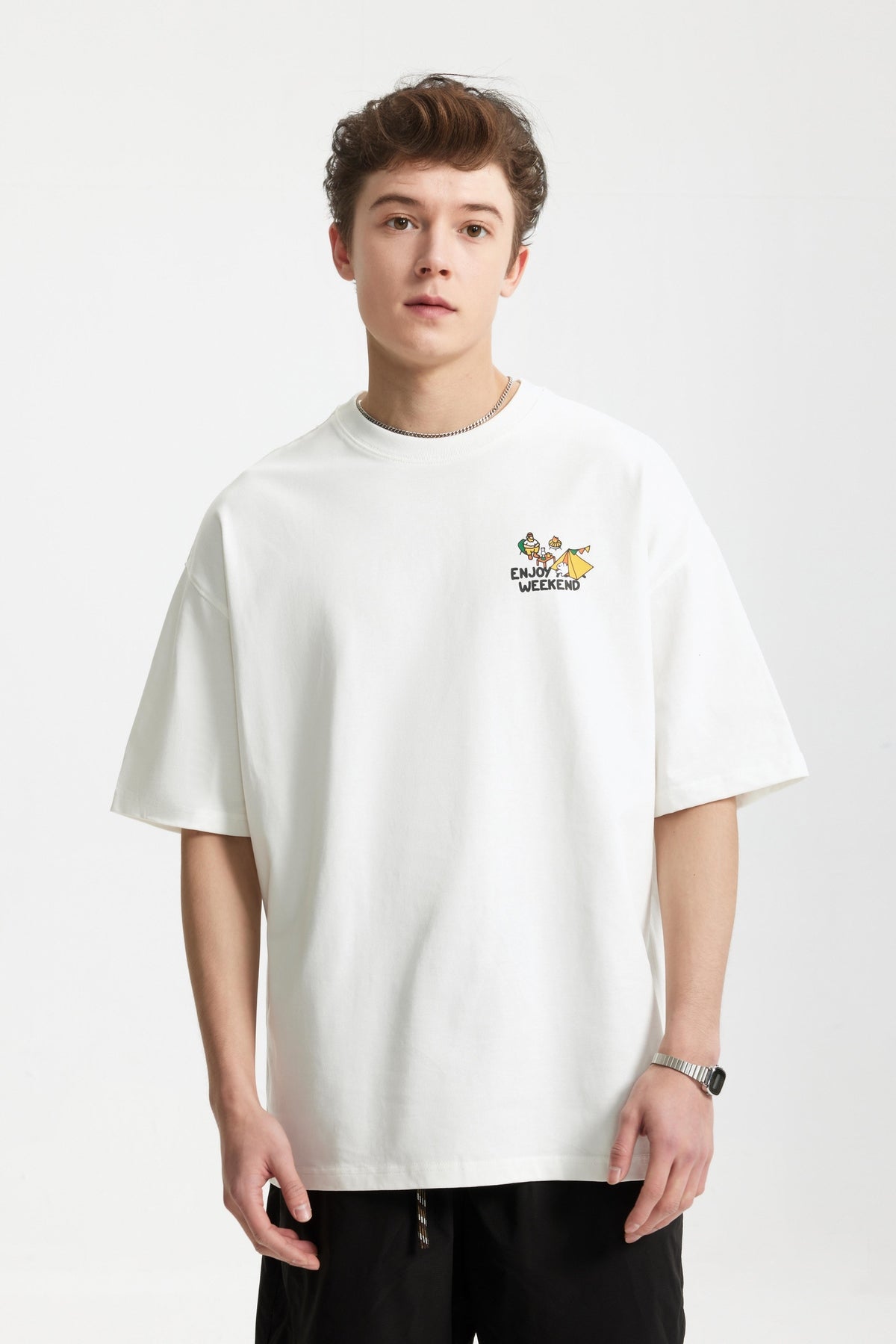 OLA FAN white camp T-shirt front side view on male model – minimalist high street wear