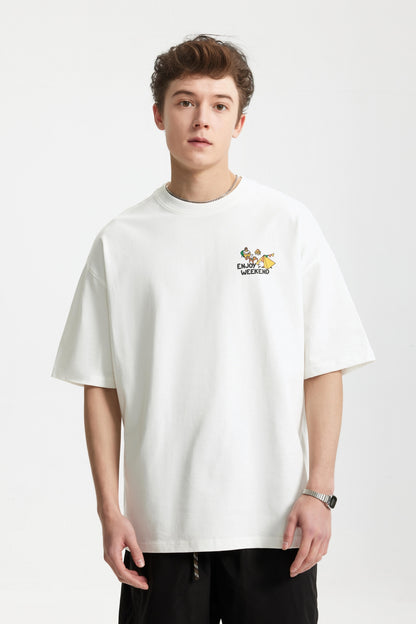 OLA FAN white camp T-shirt front side view on male model – minimalist high street wear