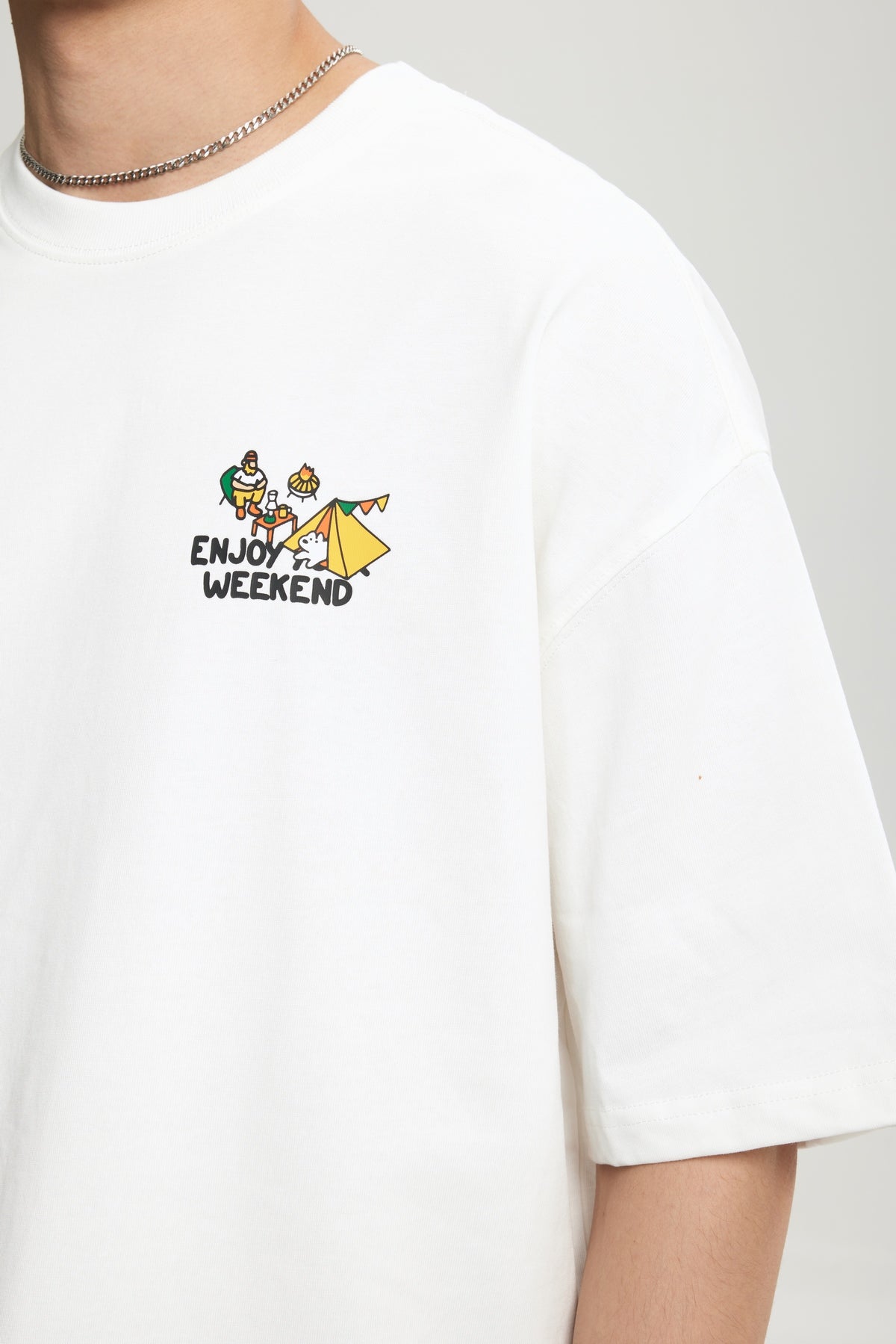 OLA FAN white camp T-shirt side view on male model – minimalist high street wear